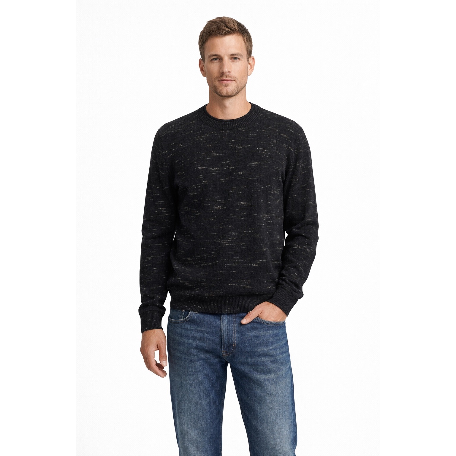 Billy Reid Crewneck Merino Wool Pullover Sweater Xl, Black And Tan Melange